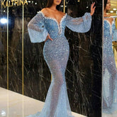 Casual Dress Elegant Gold V neck See through Fishtail Evening Dress